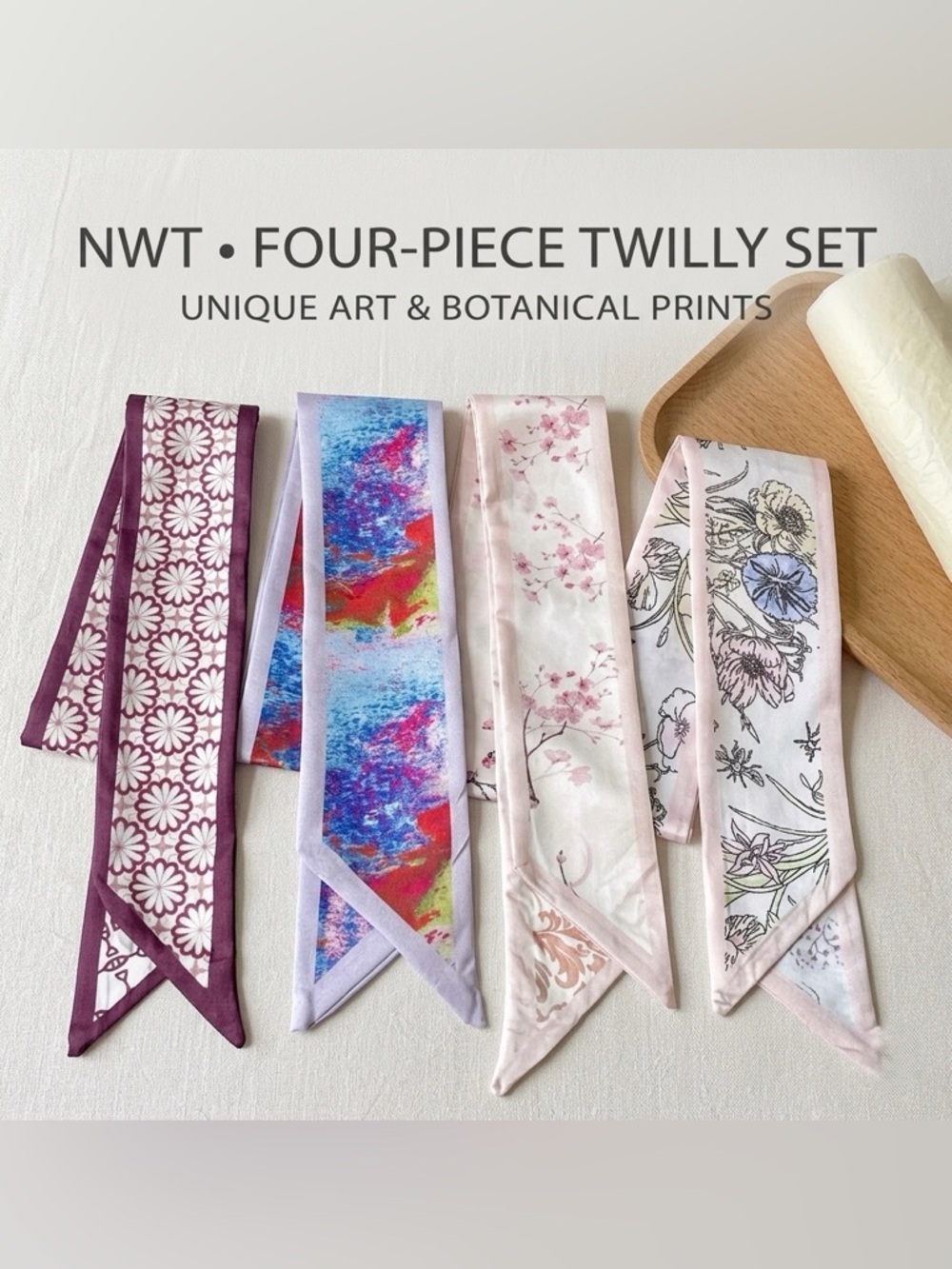 NWT Twilly Silk Scarf Set Floral Art Impressionist Bag Accessories • Bundle of 4